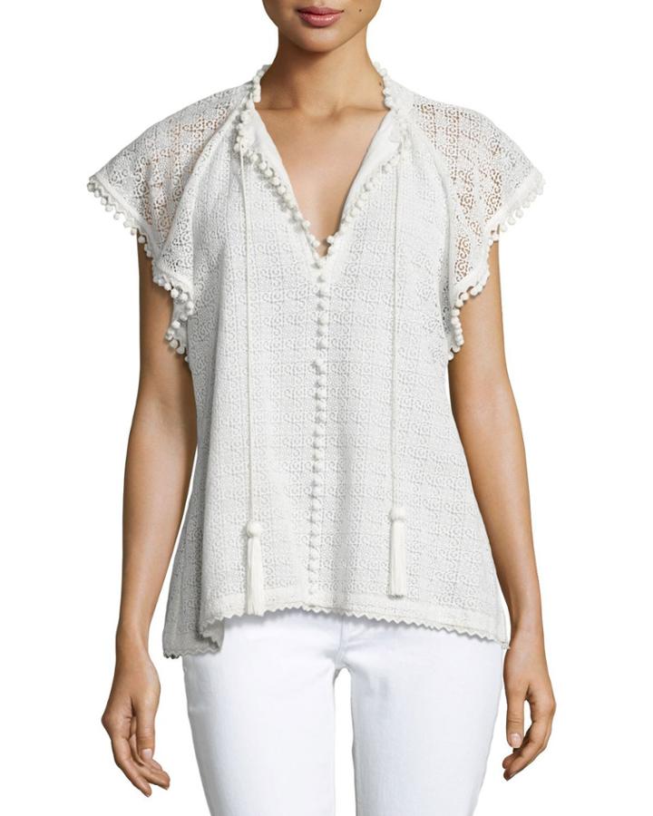 Lace Cap-sleeve Frill Top, White