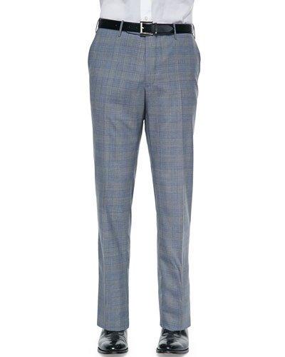 Benson Lightweight Wool Plaid Trousers, Gray/blue