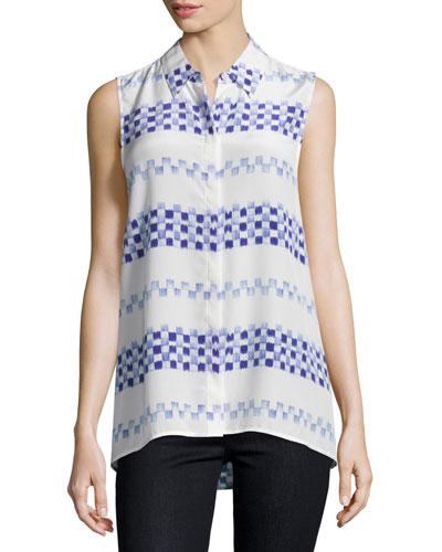Malia Button-up Silk Blouse, Natural White/blue