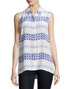 Malia Button-up Silk Blouse, Natural White/blue
