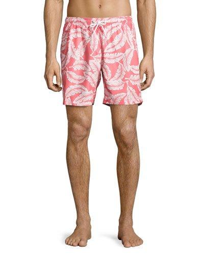 Hawaiian-print Swim Trunks, Orange/white