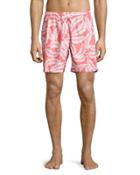 Hawaiian-print Swim Trunks, Orange/white