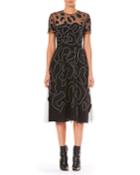 Jewel-neck Short-sleeve Leopard-embroidered Cocktail Dress