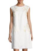 Embroidered Linen-blend Shift Dress, White