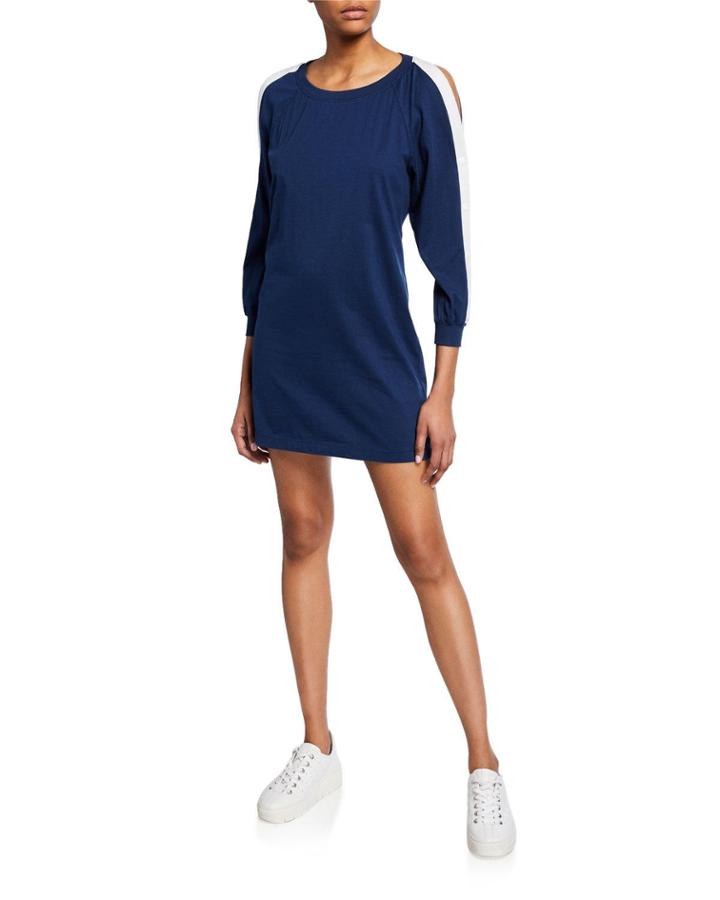 Cold Shoulder 3/4 Stripe Sleeve Lace-up Back Dress