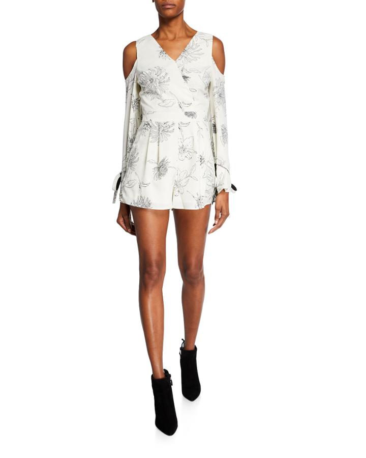 Floral-print Cold Shoulder Pleated Romper
