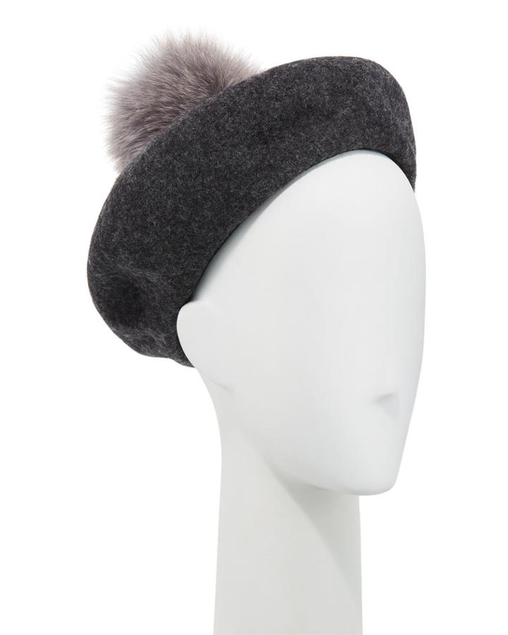 Wool Beret W/ Fox Fur Pompom