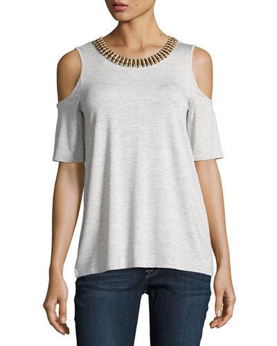 Beaded Cold-shoulder Jersey Top
