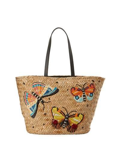 Embroidered Straw Flutter Tote, Neutral