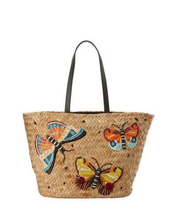 Embroidered Straw Flutter Tote, Neutral