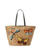 Embroidered Straw Flutter Tote, Neutral