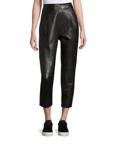 Leather Single-pleat Cropped Pants, Black