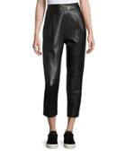 Leather Single-pleat Cropped Pants, Black