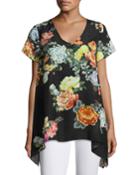 Ziara Printed Handkerchief-hem Tunic, Black,