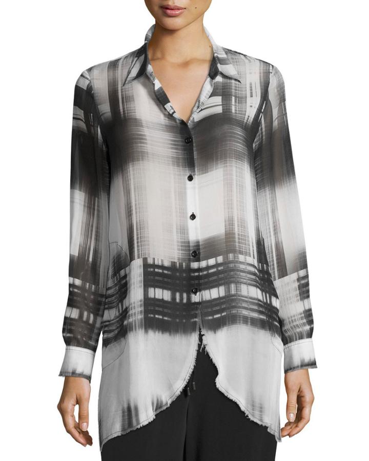 Go Sheer Button-front Plaid Tunic