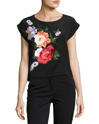 Vintage Floral-embroidered Tee, Black