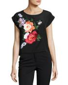 Vintage Floral-embroidered Tee, Black