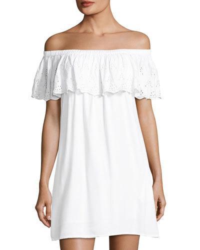 Eyelet-ruffle Off-the-shoulder Dress, White