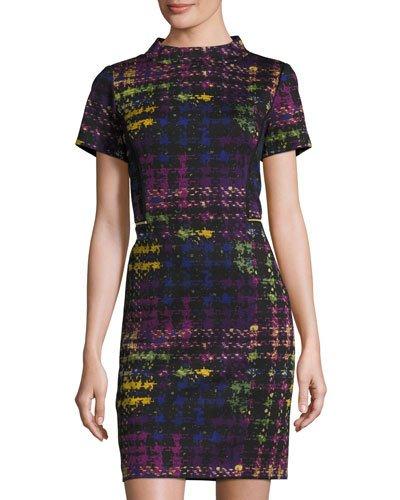 Short-sleeve Plaid-print Ponte Dress,