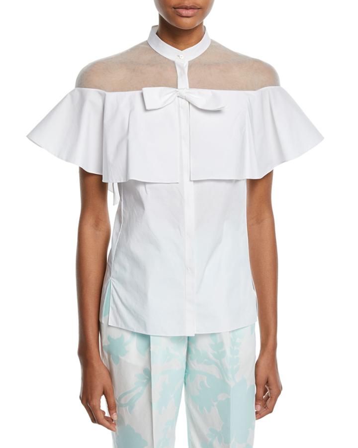 Short-sleeve Tulle-inset Cape Cotton Blouse
