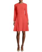 Seamed Long-sleeve A-line Dress, Coral