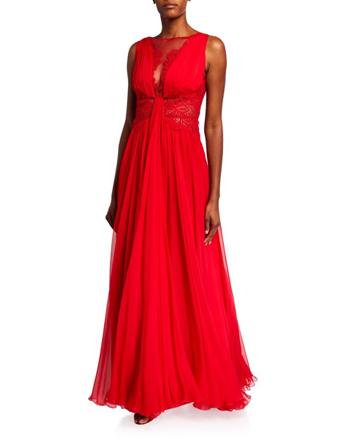 Kenpu Lace-trim Pleated-chiffon Gown