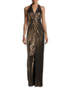 Embellished Halter-neck Evening Gown, Bronze/black