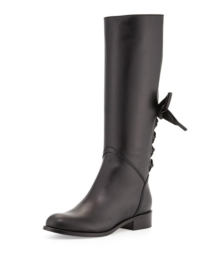 Ascot Ribbon Lace-up Riding Boots, Black