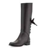 Ascot Ribbon Lace-up Riding Boots, Black
