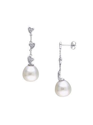 Sonatina Heart Sterling Silver, 11-11.5mm White Drop Pearl & Diamond Drop Earrings