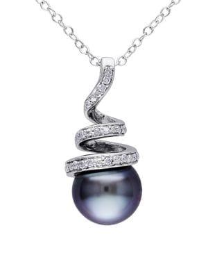 Sonatina Sterling Silver, Diamond & 8mm-8.5mm Black Round Tahitian Pearl Pendant Necklace