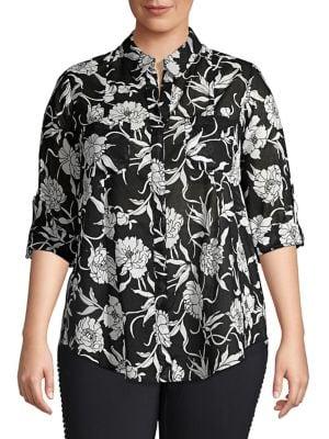 Lord & Taylor Plus Floral Roll Sleeve Shirt