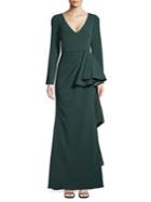 Badgley Mischka Platinum Ruffled V-neck Gown