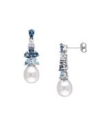 Sonatina Sterling Silver, 8.5-9mm White Rice Pearl & Multicolored Topaz Drop Earrings