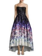 Betsy & Adam Watercolor Print Strapless Ball Gown
