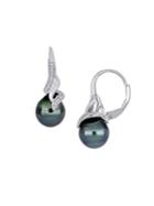 Sonatina Sterling Silver, 9-9.5mm Black Tahitian Cultured Pearl & Diamond Swirl Drop Earrings