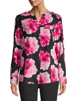 Calvin Klein Split Collar Floral Front Button Blouse