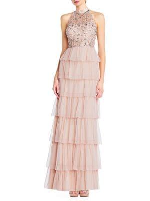 Adrianna Papell Long Beaded Halter Dress