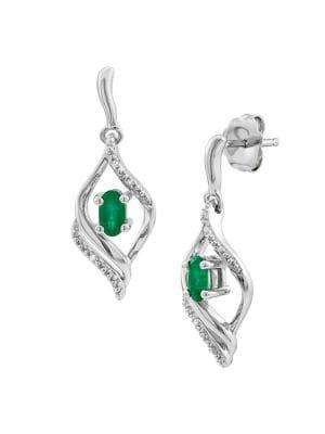 Lord & Taylor Sterling Silver Emerald & Diamond Drop Earrings