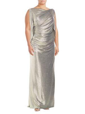 Betsy & Adam Plus Draped Metallic Column Gown