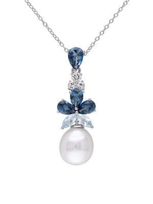 Sonatina Sterling Silver, 9.5-10mm White Rice Pearl & Multicolored Topaz Pendant Necklace