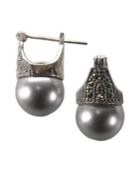 Lord & Taylor Sterling Silver And Marcasite Capped Pearl Earrings
