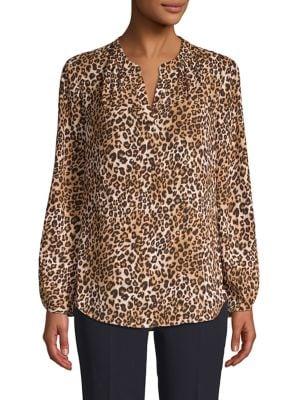 T Tahari Leopard-print Splitneck Ruched-sleeve Top