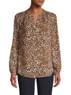 T Tahari Leopard-print Splitneck Ruched-sleeve Top