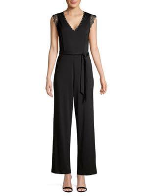 Karl Lagerfeld Paris Belted V-neck Lace Jumpsuit