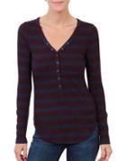 Three Dots Striped Ribbed Henley Top