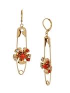 Miriam Haskell Coral Beaded Flower Safety Pin Drop Earrings