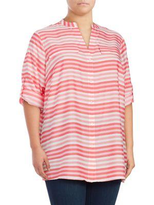 Calvin Klein Plus Splitneck Stripe Utility Blouse