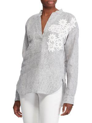 Lauren Ralph Lauren Lace-trimmed Striped Linen Top