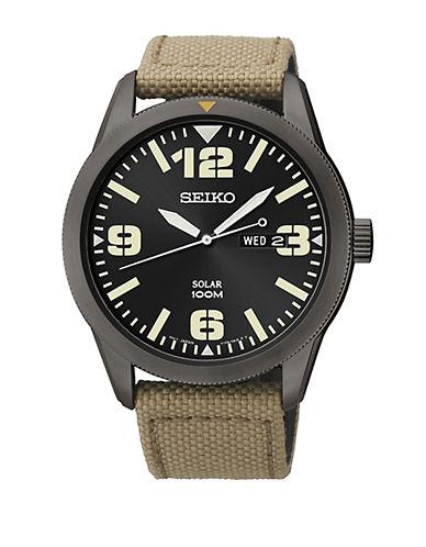 Seiko Mens Black Stainless Steel Watch With Beige Nylon Strap